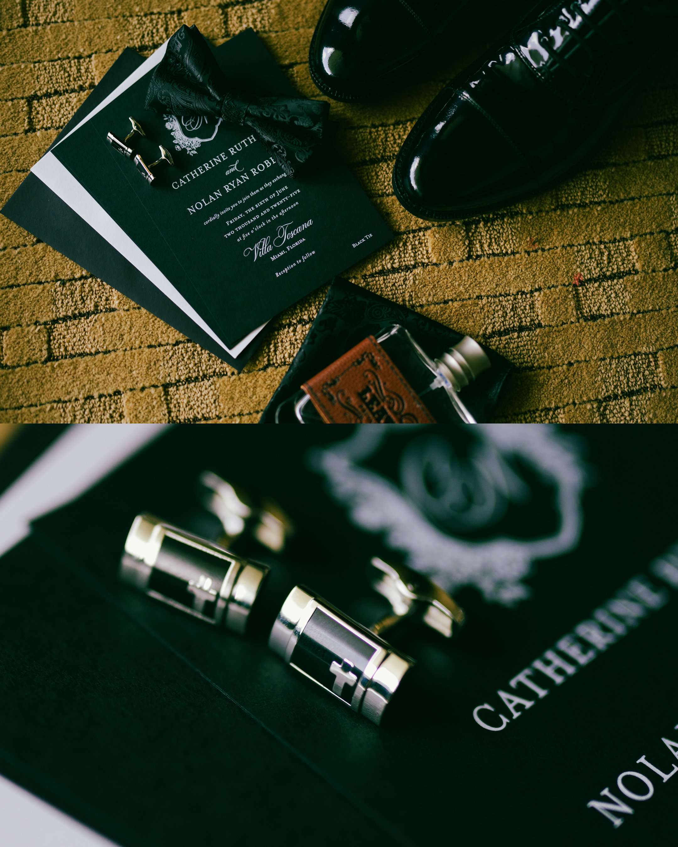 Groom’s wedding day accessories: cufflink, shoes, and bow tie styled for the big moment